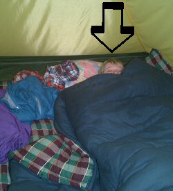 Unter einem Haufen von Decken, Kissen und Schlafs�cken schauen mich zwei �uglein an